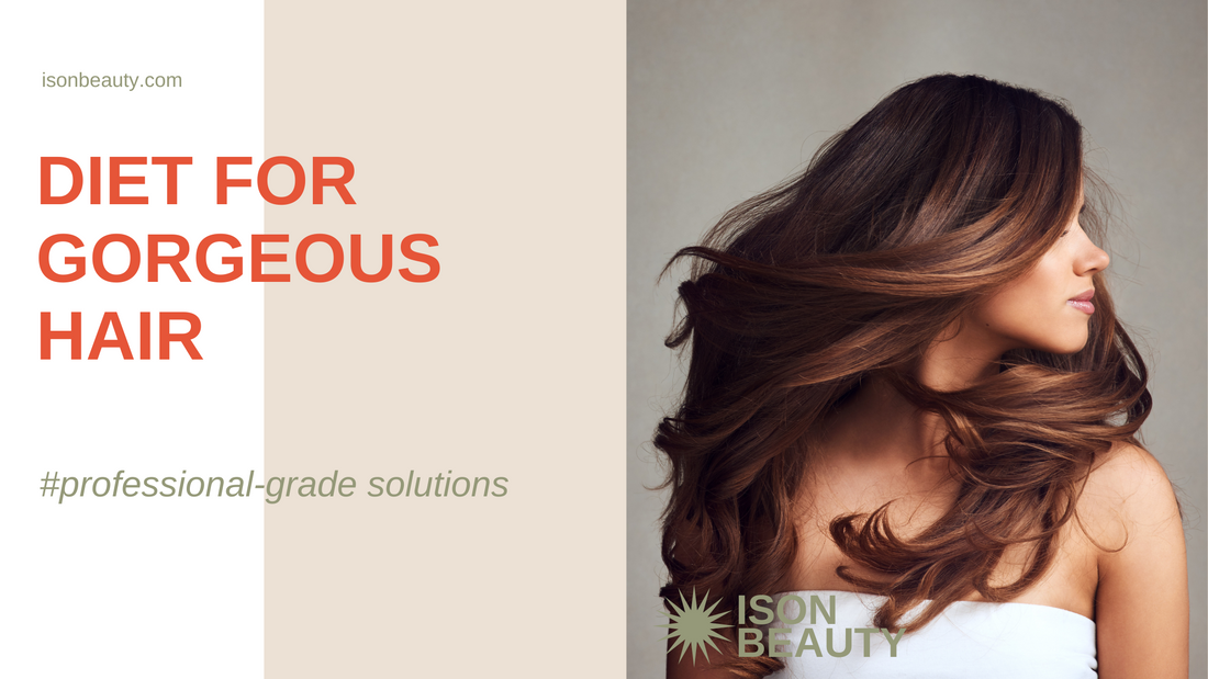 A vibrant assortment of foods including salmon, avocado, almonds, eggs, oranges, and spinach, promoting healthy hair growth.