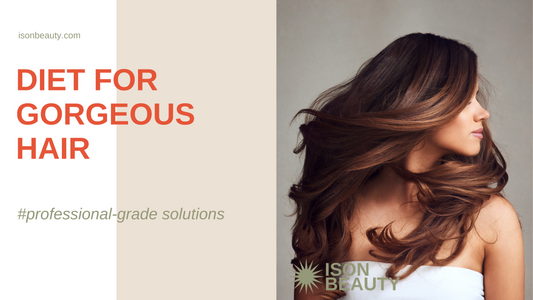 A vibrant assortment of foods including salmon, avocado, almonds, eggs, oranges, and spinach, promoting healthy hair growth.