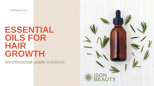 A woman showcasing a bottle of essential hair oil, emphasizing its nourishing properties for healthy hair.